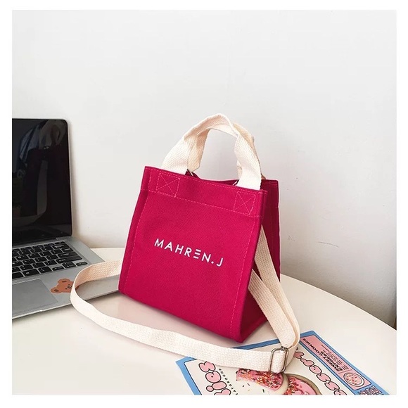 Canvas bag crossbody shoulder handbag pink fuchsia small square bags - Picture 2 of 4